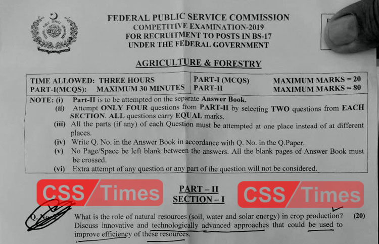 Agriculture & Forestry CSS Paper 2019 | FPSC CSS Past Papers 2019
