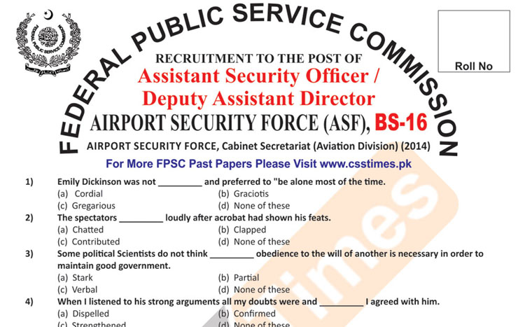 Assistant Security Officer/Deputy Assistant Director (ASF) BS-16 Paper 2014 (FPSC Past Papers)