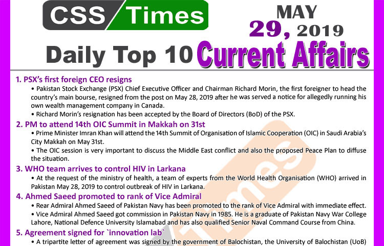 Day by Day Current Affairs (May 29, 2019) | MCQs for CSS, PMS