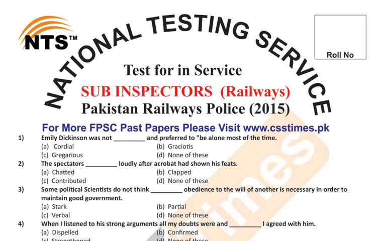 SUB INSPECTORS Pakistan Railways Police (Paper 2015) | NTS Past Papers