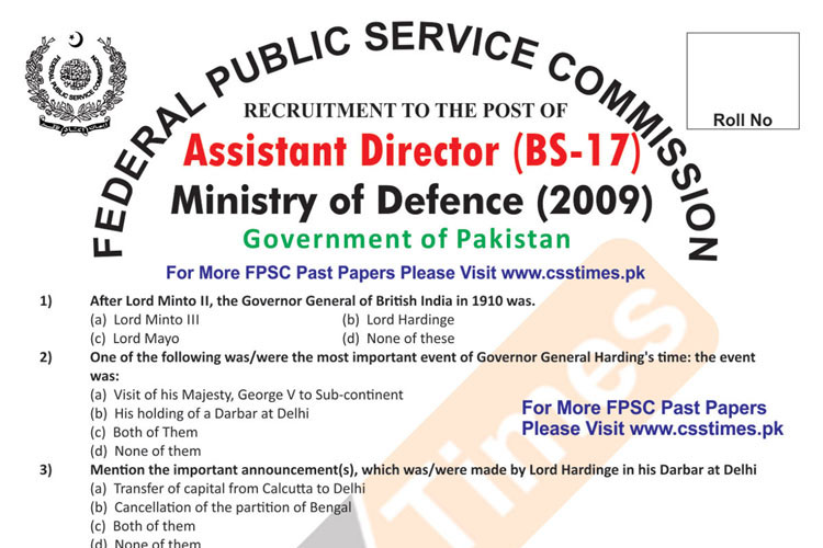 Assistant Director Ministry of Defence (MoD) FPSC Paper 2009