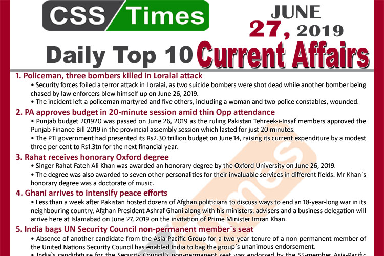 Day by Day Current Affairs (June 27, 2019) | MCQs for CSS, PMS