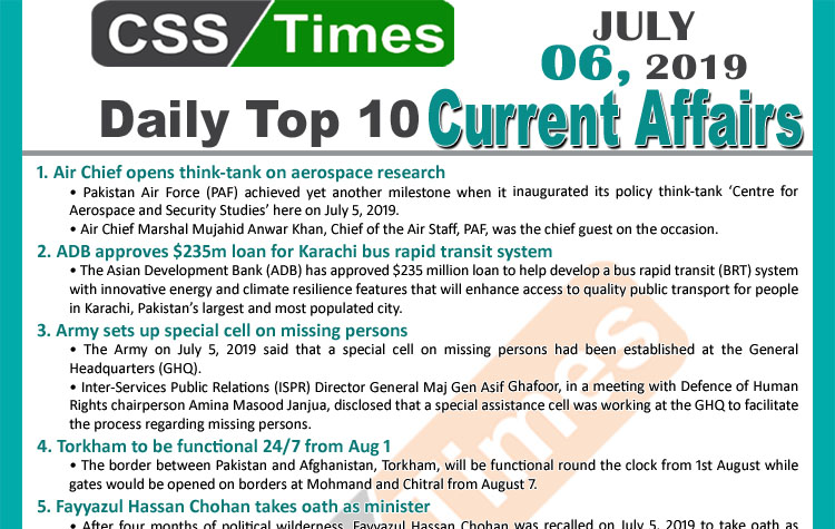 Day by Day Current Affairs (July 06, 2019), MCQs for CSS, PMS