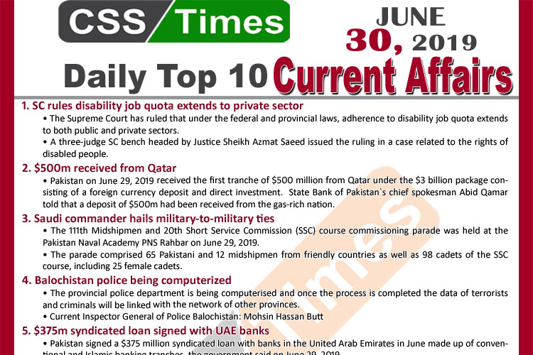 Day by Day Current Affairs (June 30, 2019) | MCQs for CSS, PMS
