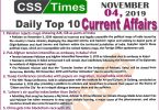 Day by Day Current Affairs November 04 2019MCQs for CSS PMS