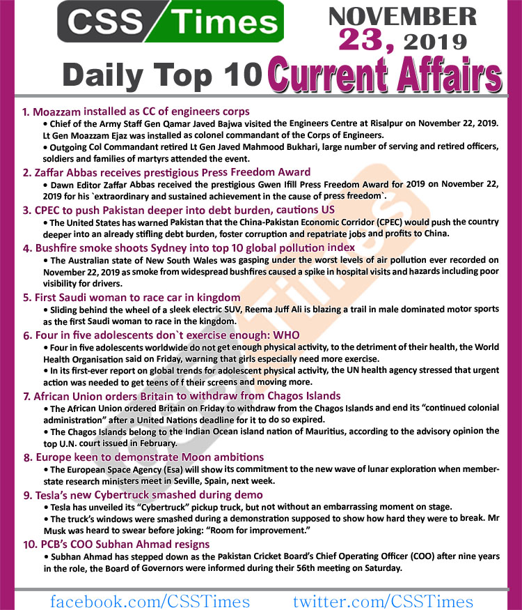 Day by Day Current Affairs (November 23 2019) | MCQs for CSS, PMS