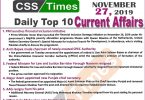 Day by Day Current Affairs (November 27 2019) | MCQs for CSS, PMS