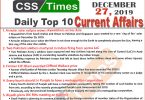 Day by Day Current Affairs (December 27 2019) MCQs for CSS, PMS