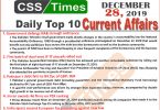 Day by Day Current Affairs (December 28 2019) MCQs for CSS, PMS