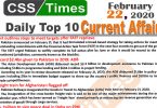 Day by Day Current Affairs (February 22 2020) MCQs for CSS, PMS