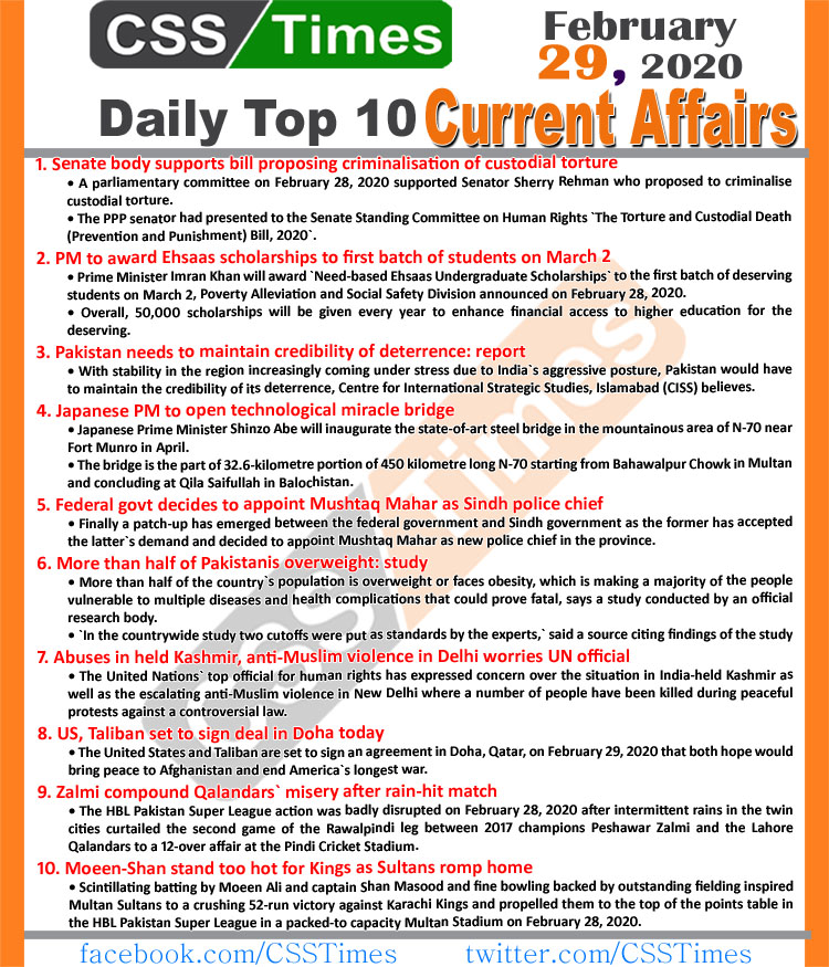 Day by Day Current Affairs (February 29, 2020) MCQs for CSS, PMS