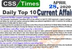 Daily Top-10 Current Affairs MCQs/News (April 28, 2020) for CSS, PMS
