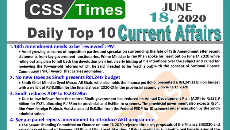 Daily Top-10 Current Affairs MCQs / News (June 18, 2020) for CSS, PMS