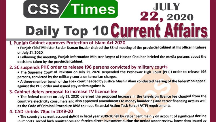 Daily Top-10 Current Affairs MCQs / News (July 22, 2020) for CSS, PMS