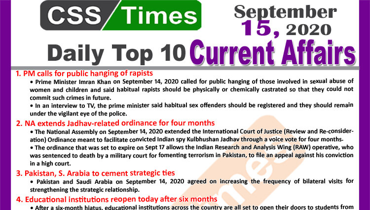 Daily Top-10 Current Affairs MCQs / News (September 15, 2020) for CSS, PMS