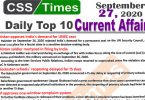 Daily Top-10 Current Affairs MCQs / News (September 27, 2020) for CSS, PMS