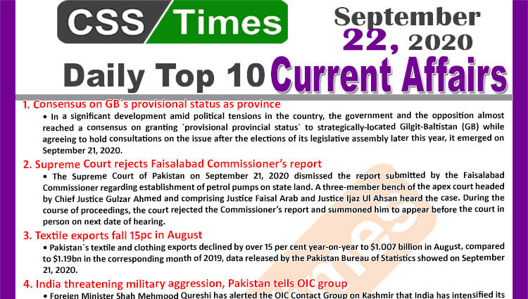 Daily Top-10 Current Affairs MCQs / News (September 22, 2020) for CSS, PMS