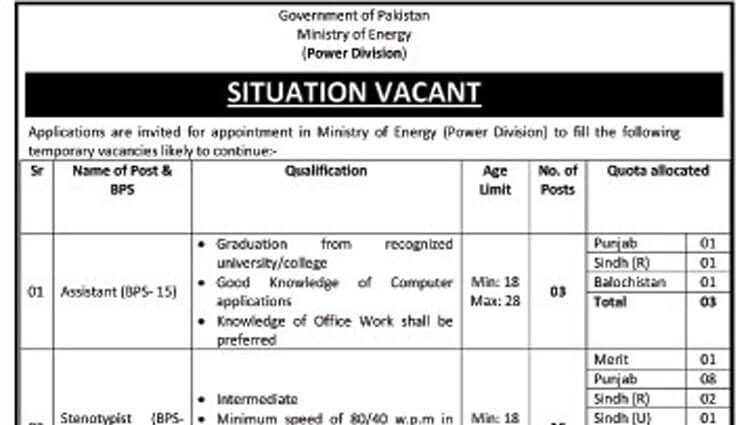 Situations Vacant in Ministry of Energy (Government of Pakistan)