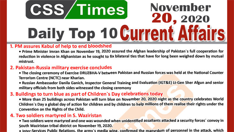 Daily Top-10 Current Affairs MCQs / News (November 20, 2020) for CSS, PMS