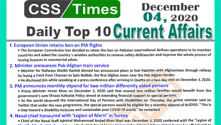 Daily Top-10 Current Affairs MCQs / News (December 04, 2020) for CSS, PMS
