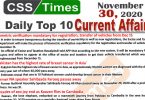 Daily Top-10 Current Affairs MCQs / News (November 30, 2020) for CSS, PMS