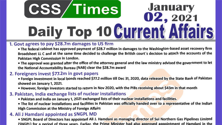 Daily Top-10 Current Affairs MCQs / News (January 02, 2021) for CSS, PMS