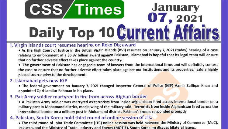 Daily Top-10 Current Affairs MCQs / News (January 07, 2021) for CSS, PMS