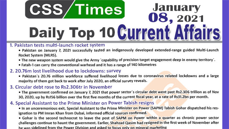 Daily Top-10 Current Affairs MCQs / News (January 08, 2021) for CSS, PMS
