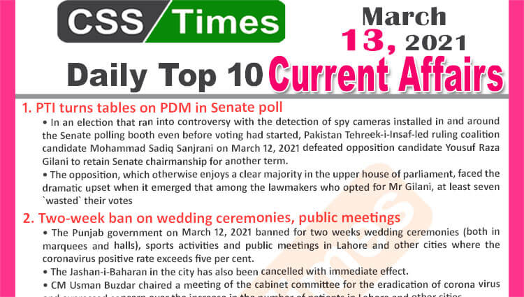 Daily Top-10 Current Affairs MCQs / News (March 13, 2021) for CSS, PMS