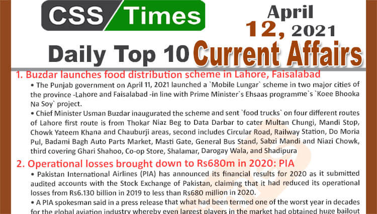 Daily Top-10 Current Affairs MCQs / News (April 12, 2021) for CSS, PMS