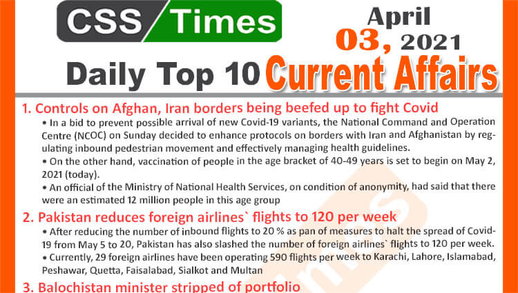 Daily Top-10 Current Affairs MCQs / News (May 03, 2021) for CSS, PMS