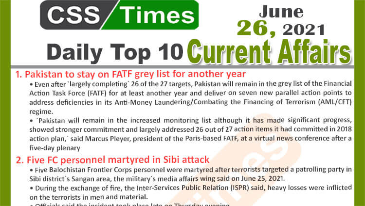 Daily Top-10 Current Affairs MCQs / News (June 26, 2021) for CSS, PMS