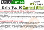 Daily Top-10 Current Affairs MCQs / News (June 27, 2021) for CSS, PMS