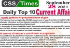 Daily Top-10 Current Affairs MCQs / News (September 28, 2021) for CSS, PMS