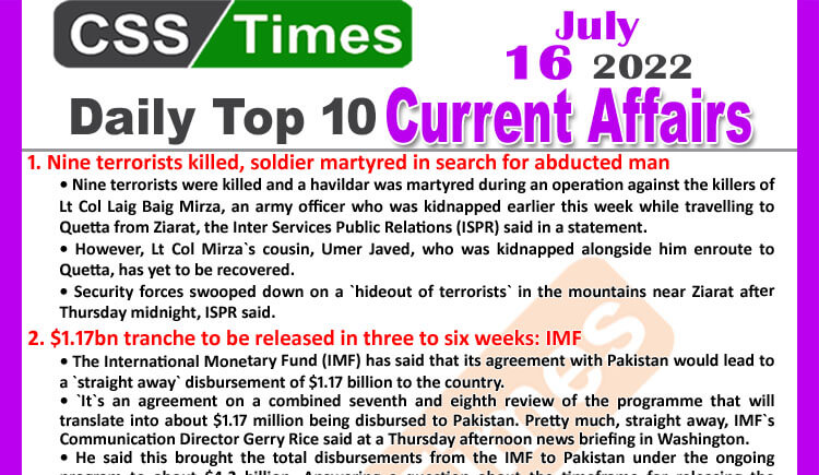 Daily Top 10 Current Affairs Mcqs News July 16 2022 For Css Pms 5702