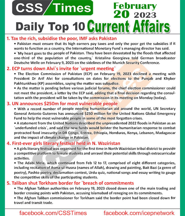 Daily Top-10 Current Affairs MCQs / News (Feb 20 2023) for CSS