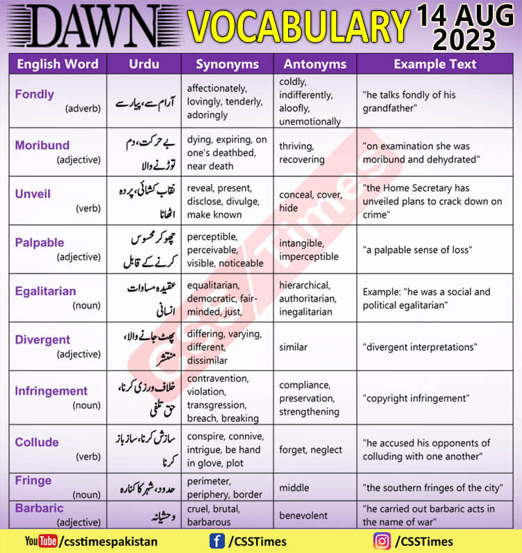 Daily DAWN News Vocabulary with Urdu Meaning (14 Aug 2023)