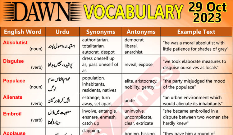 Daily Dawn Vocabulary with Urdu Meaning 02 September 2019