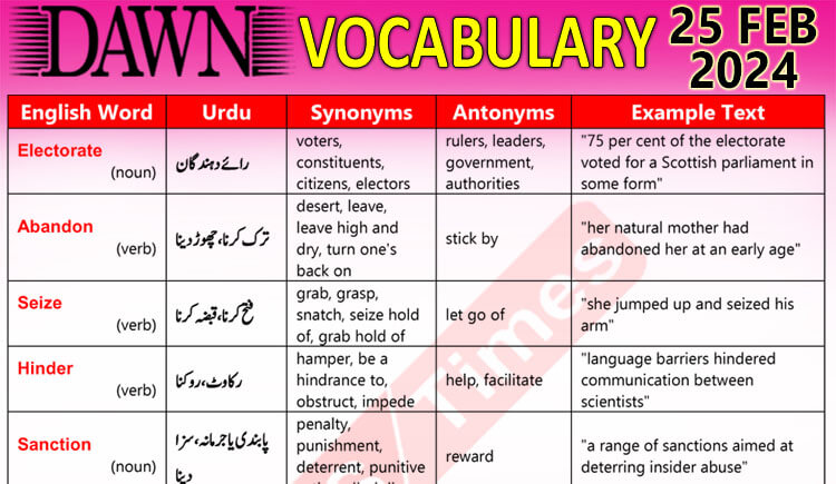 Daily DAWN News Vocabulary with Urdu Meaning (25 Feb 2024)