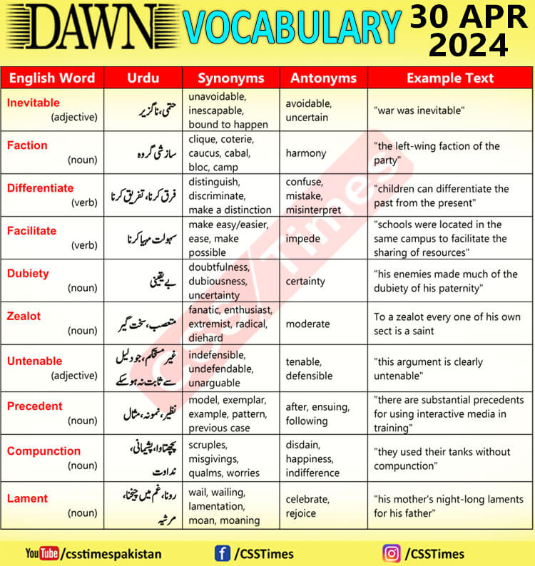 Daily DAWN News Vocabulary with Urdu Meaning (30 Apr 2024)
