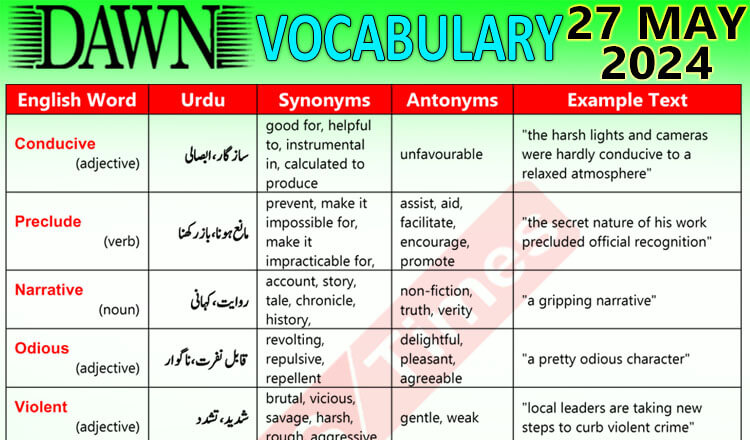 Daily DAWN News Vocabulary with Urdu Meaning (27 May 2024)