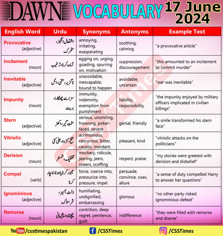 Daily DAWN News Vocabulary with Urdu Meaning 17 June 2024