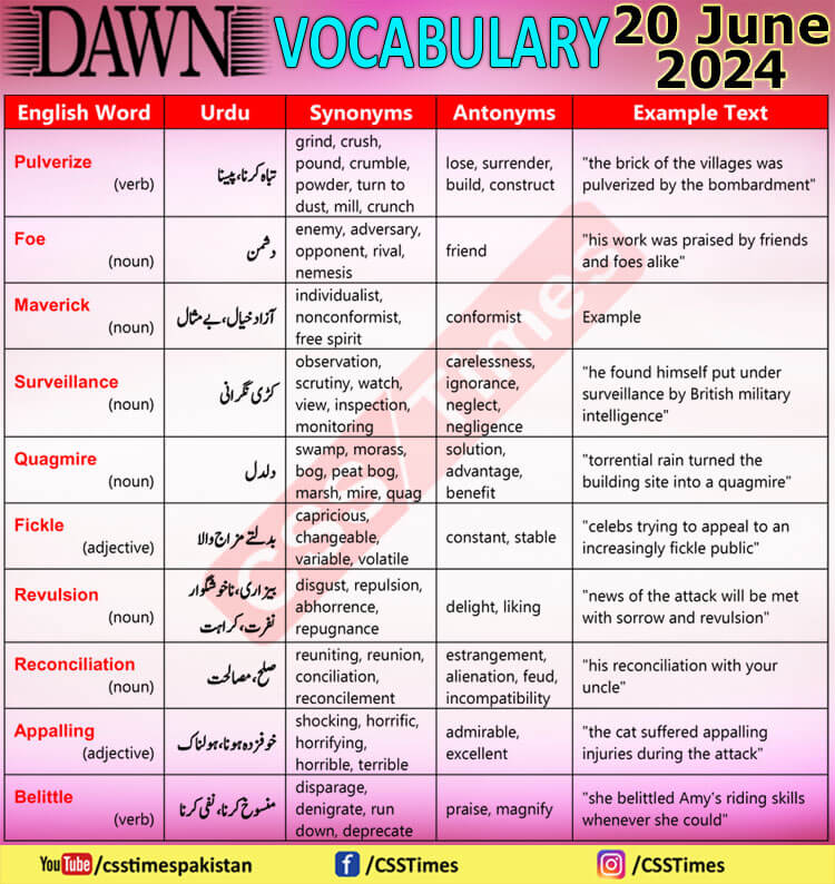 Daily DAWN News Vocabulary with Urdu Meaning (20 June 2024)