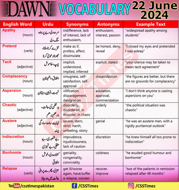 Daily DAWN News Vocabulary with Urdu Meaning (22 June 2024)