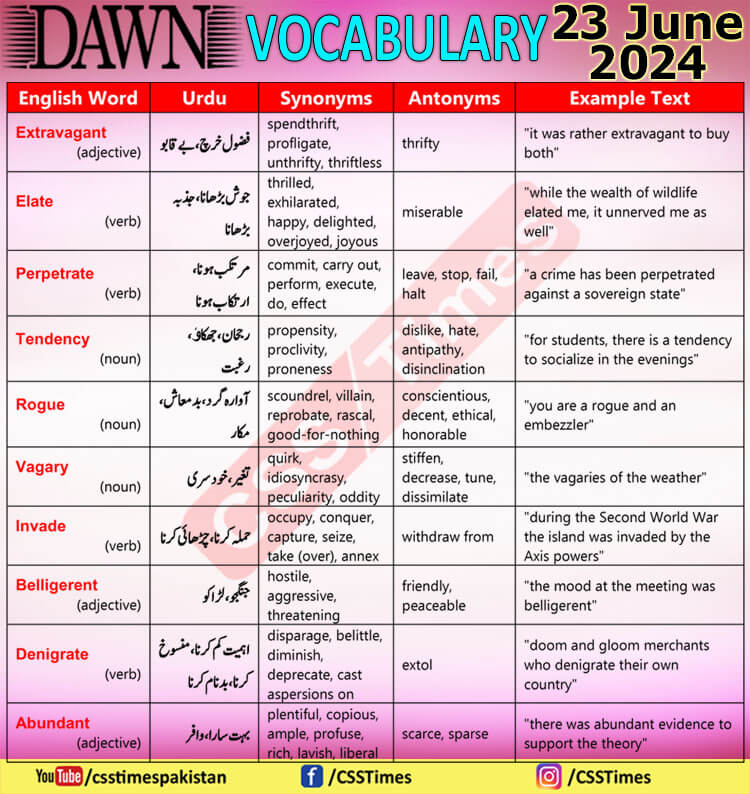 Daily DAWN News Vocabulary with Urdu Meaning (23 June 2024)