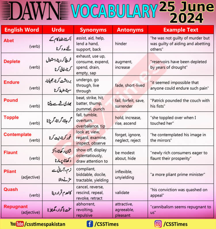 Daily DAWN News Vocabulary with Urdu Meaning (25 June 2024)