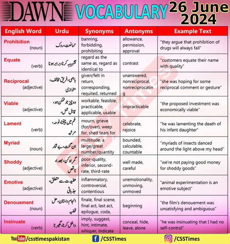 Daily DAWN News Vocabulary with Urdu Meaning (26 June 2024)