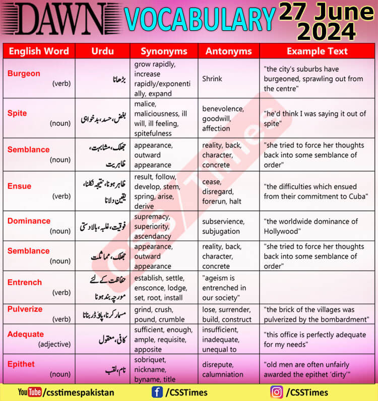 Daily DAWN News Vocabulary with Urdu Meaning (27 June 2024)