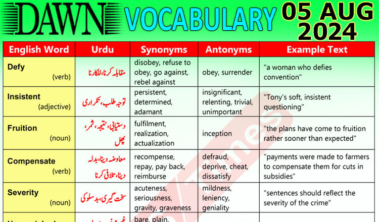 Daily DAWN News Vocabulary with Urdu Meaning (05 August 2024)