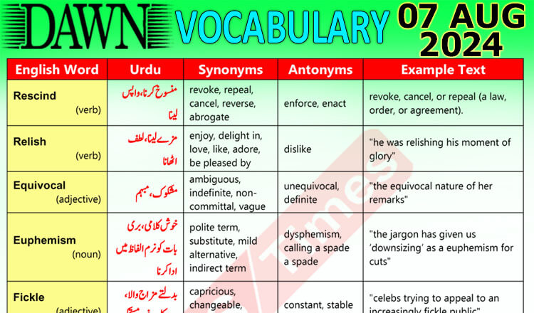 Daily DAWN News Vocabulary with Urdu Meaning (07 August 2024)